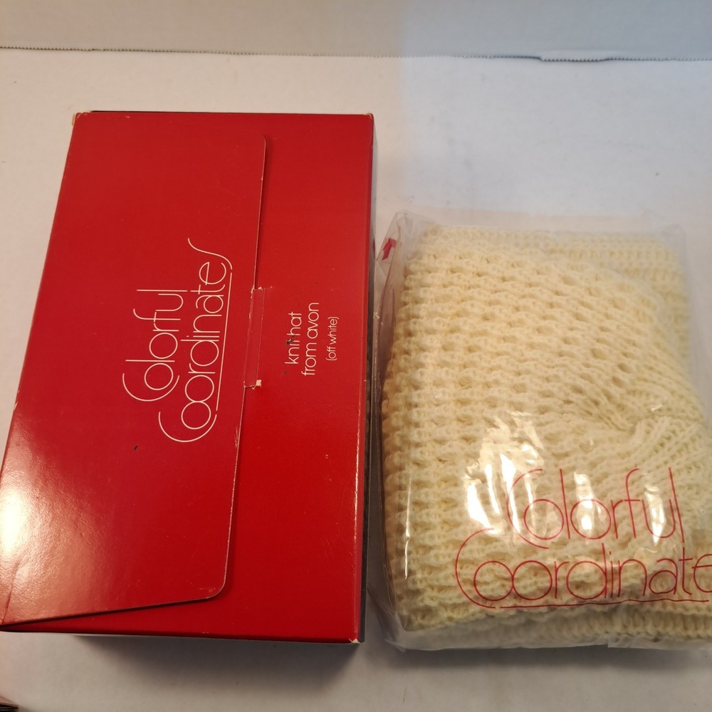 Avon White Beanie Knit Hat One Size Fits All Original Vintage 1980s